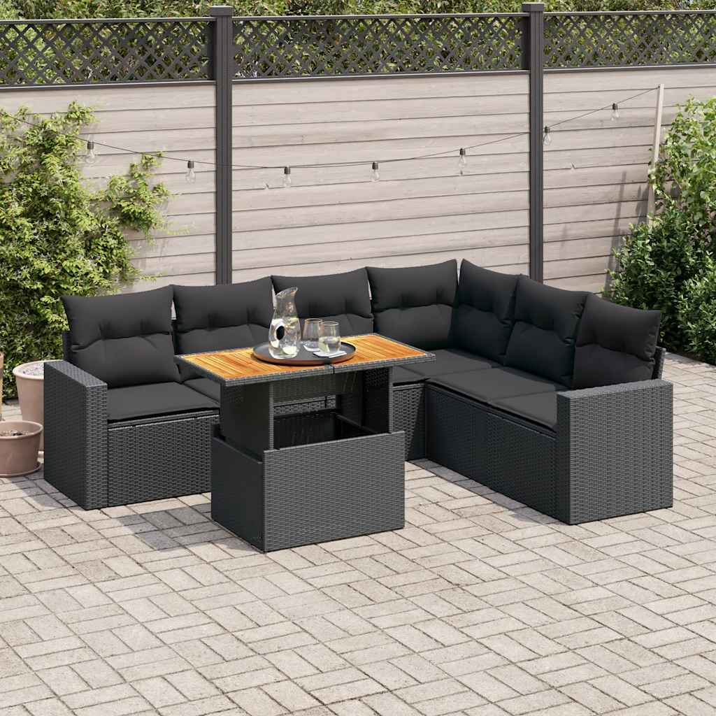 Set Canapele De Grădină Cu Perne, 7 Piese, Negru, Poliratan