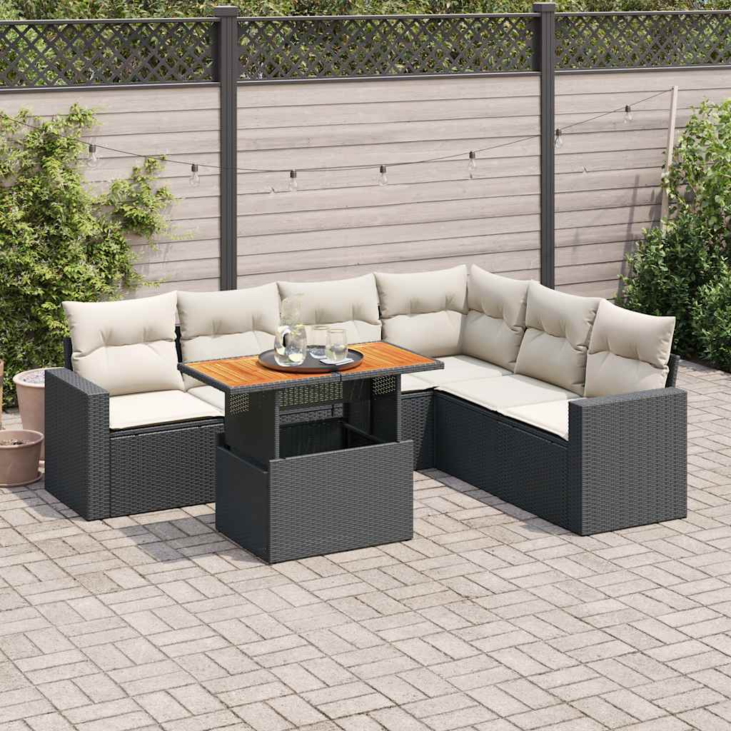 Set Canapele De Grădină Cu Perne, 7 Piese, Negru, Poliratan