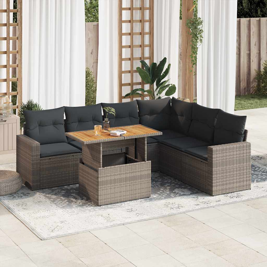Set Canapele De Grădină Cu Perne, 7 Piese, Negru, Poliratan