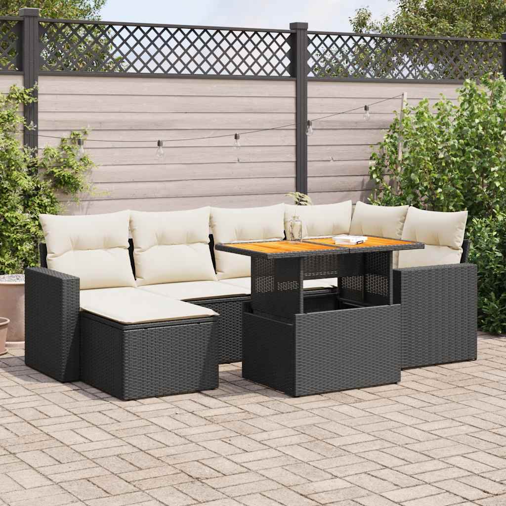 Set Canapele De Grădină Cu Perne, 7 Piese, Negru, Poliratan