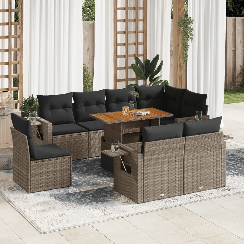 Set Mobilier De Grădină Cu Perne, 9 Piese, Negru, Poliratan