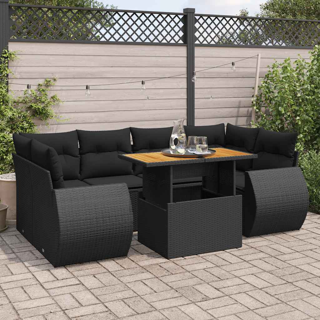 Set Canapele De Grădină Cu Perne, 7 Piese, Negru, Poliratan