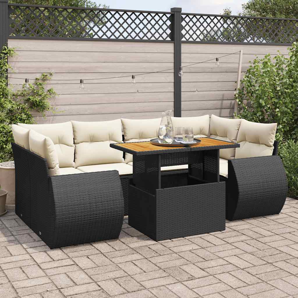Set Canapele De Grădină Cu Perne, 7 Piese, Negru, Poliratan