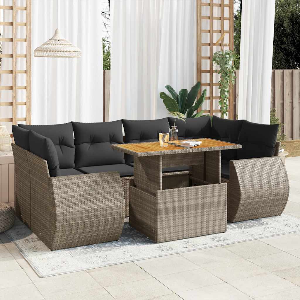 Set Canapele De Grădină Cu Perne, 7 Piese, Negru, Poliratan