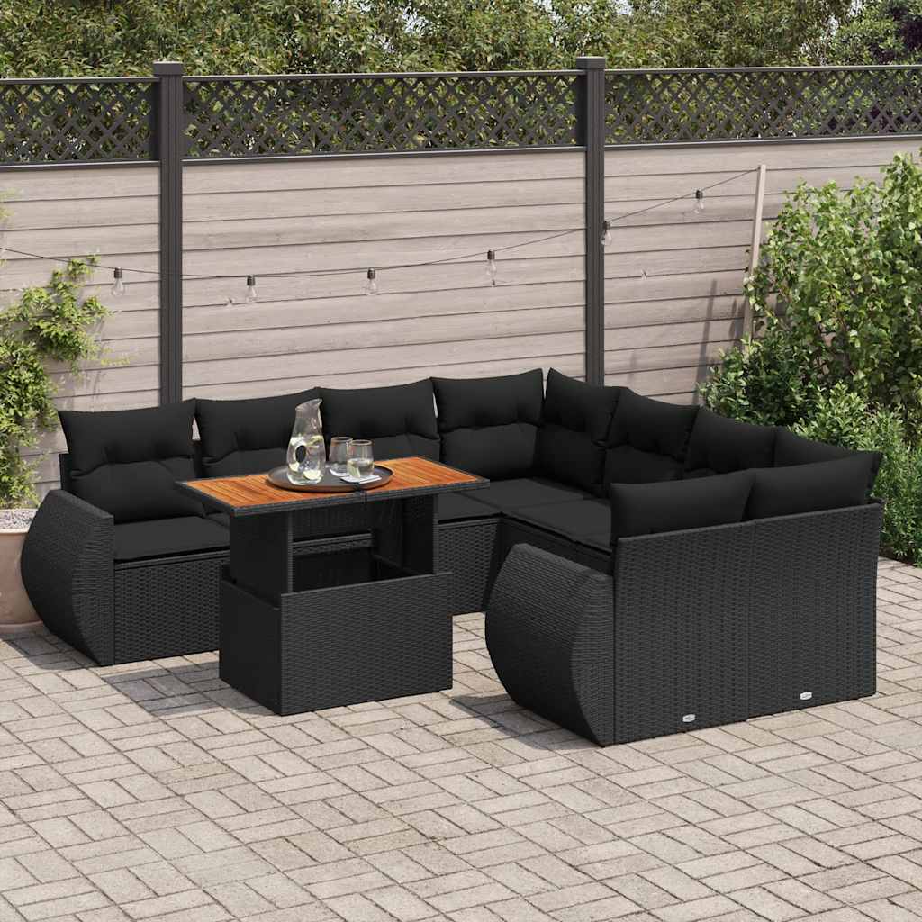 Set Mobilier De Grădină Cu Perne, 9 Piese, Negru, Poliratan