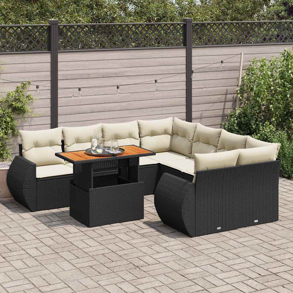 Set Mobilier De Grădină Cu Perne, 9 Piese, Negru, Poliratan