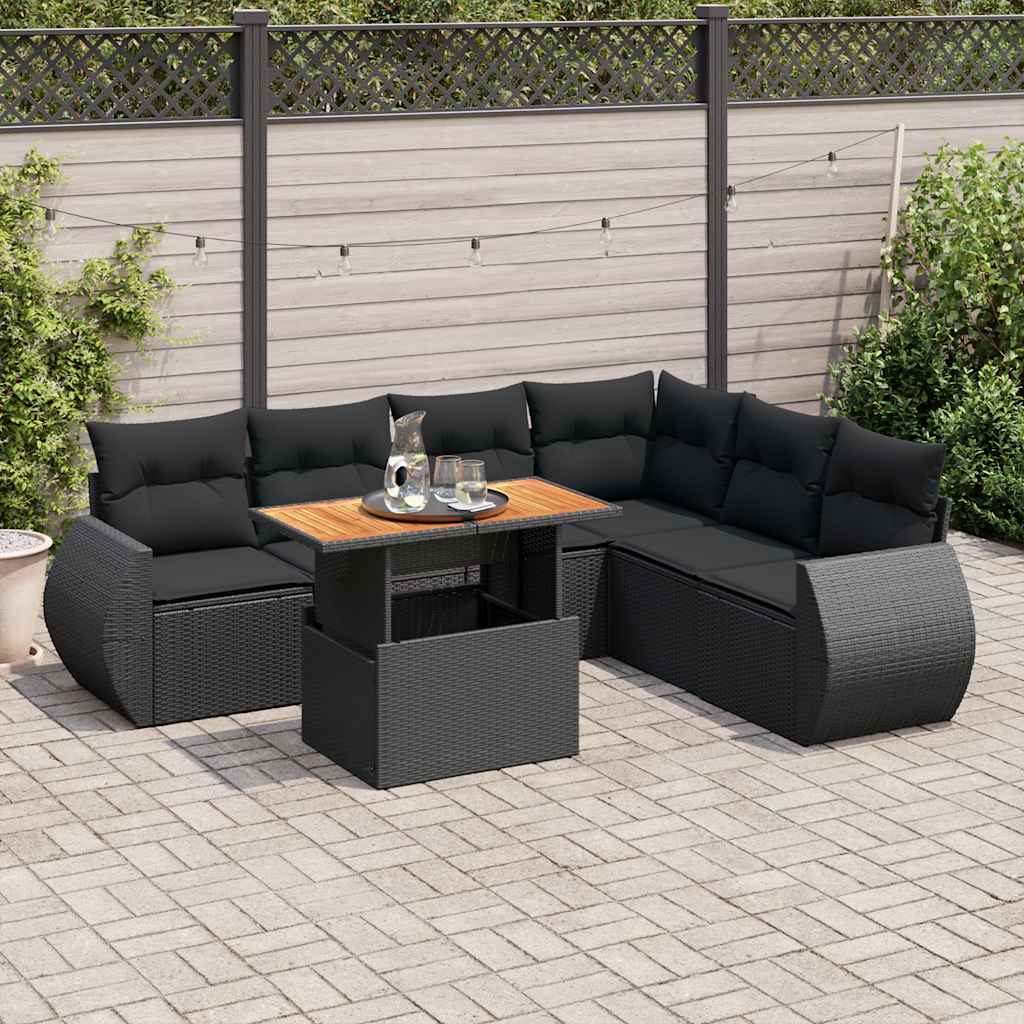 Set Canapele De Grădină Cu Perne, 7 Piese, Negru, Poliratan