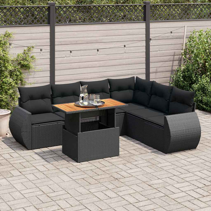 Set Canapele De Grădină Cu Perne, 7 Piese, Negru, Poliratan