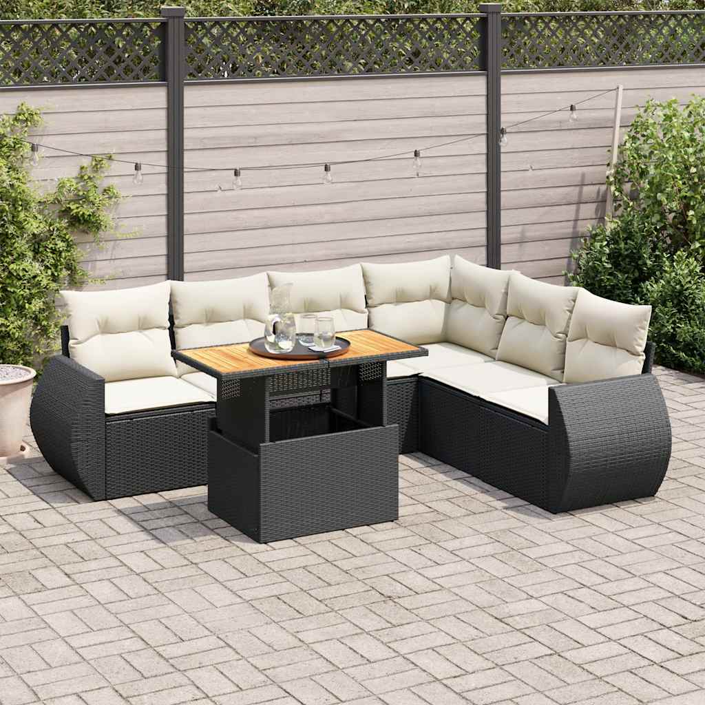 Set Canapele De Grădină Cu Perne, 7 Piese, Negru, Poliratan