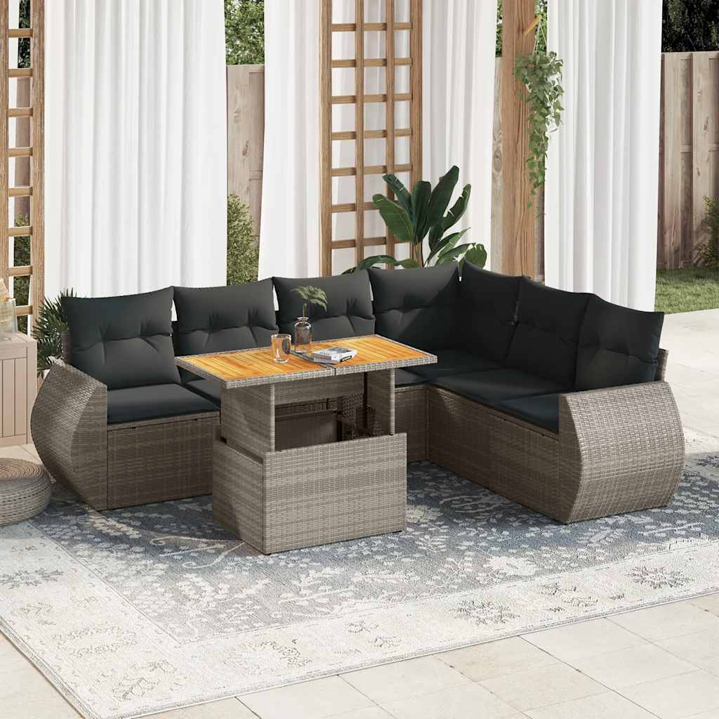 Set Canapele De Grădină Cu Perne, 7 Piese, Negru, Poliratan