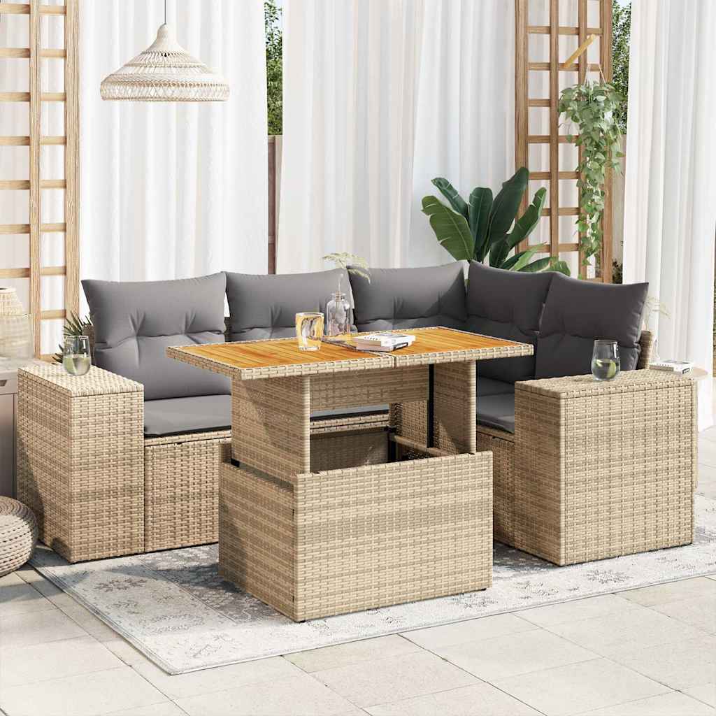 Set Canapele De Grădină Cu Perne, 5 Piese, Bej, Poliratan