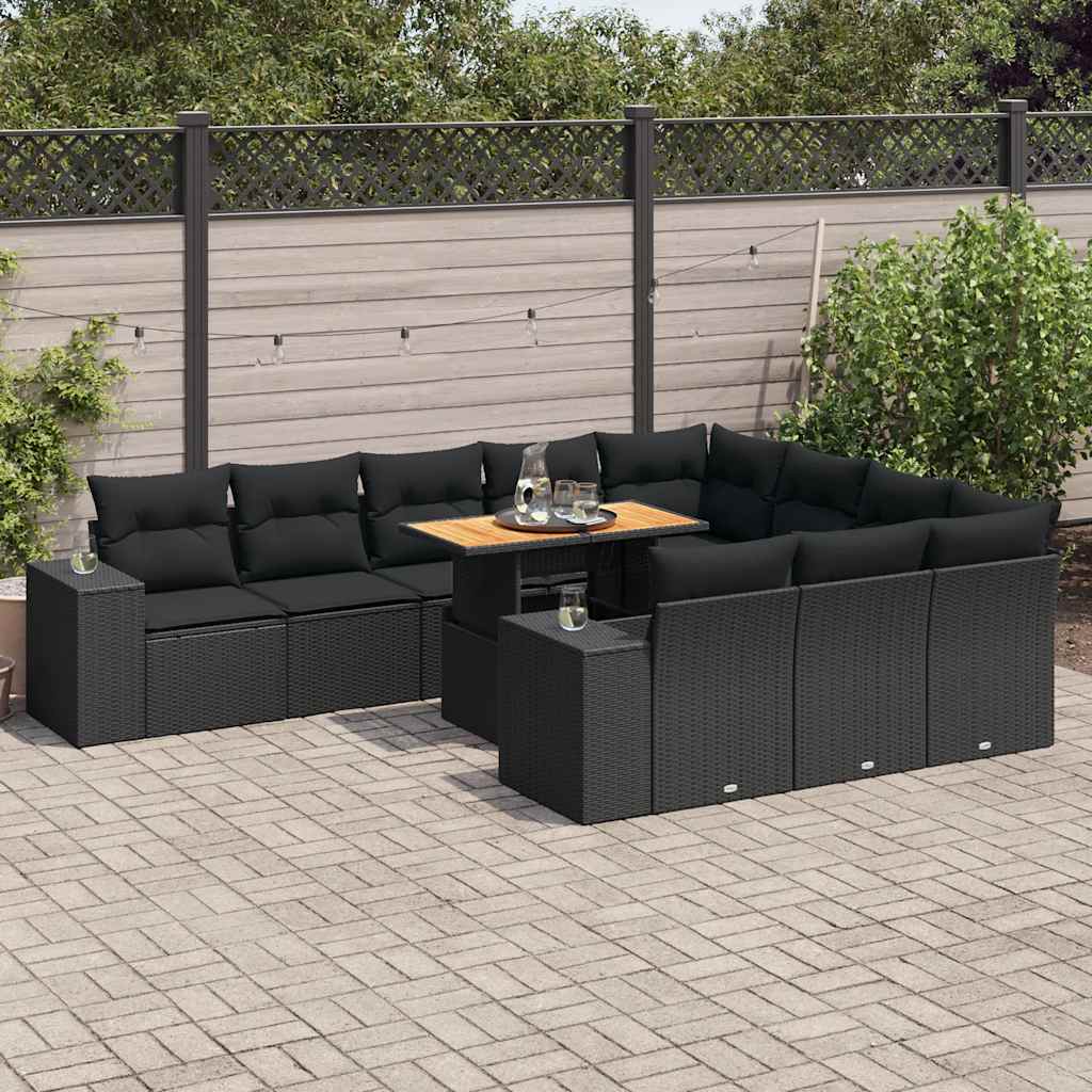 Set Canapele De Grădină Cu Perne, 11 Piese, Negru, Poliratan