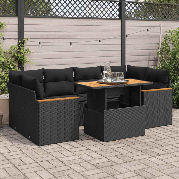 Set Canapele De Grădină Cu Perne, 7 Piese, Negru, Poliratan