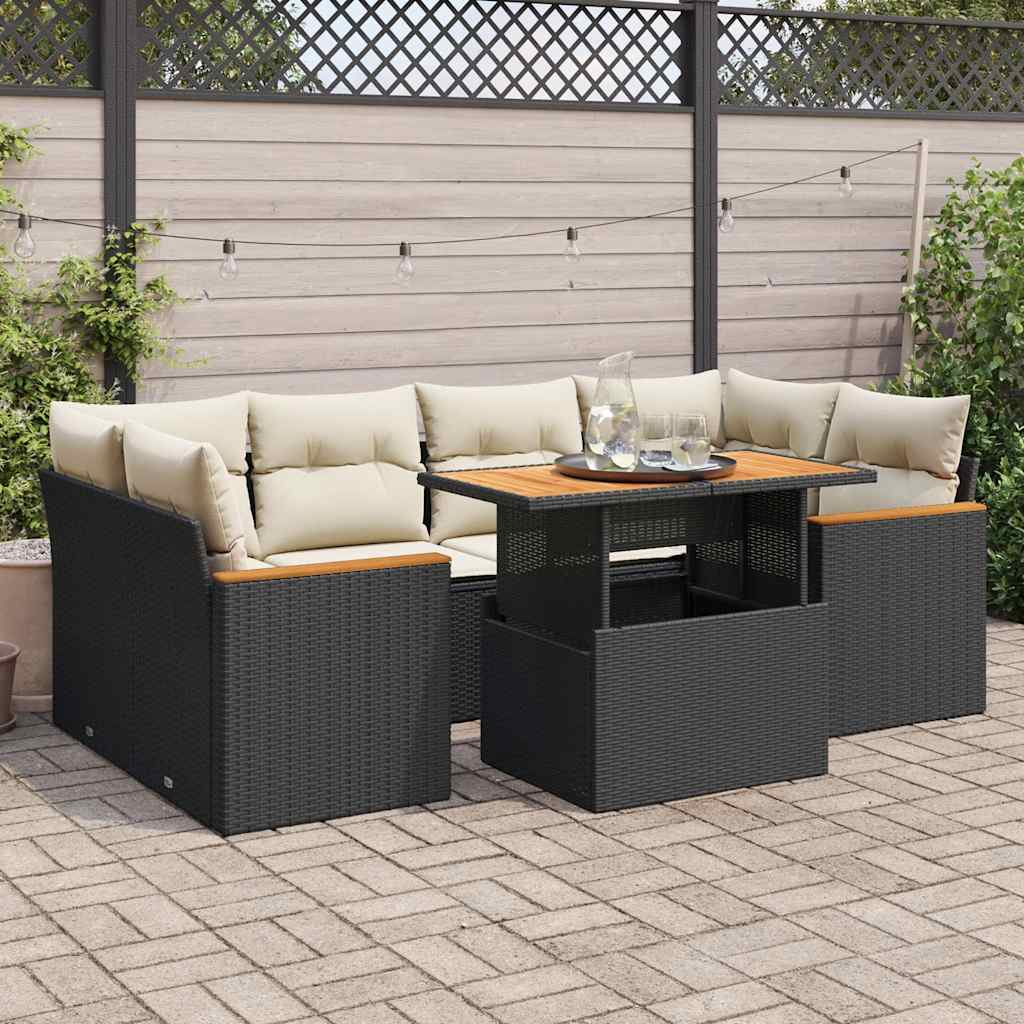Set Canapele De Grădină Cu Perne, 7 Piese, Negru, Poliratan
