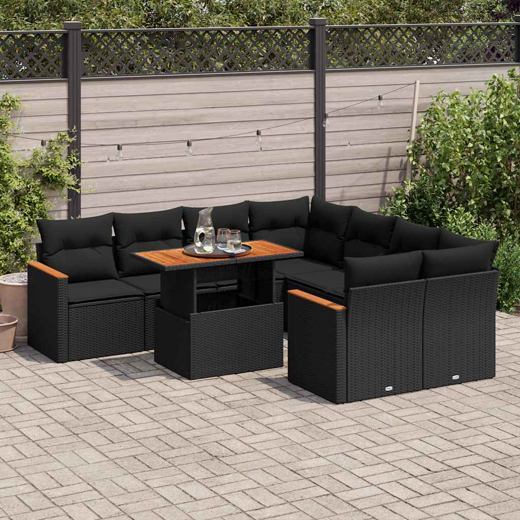 Set Mobilier De Grădină Cu Perne, 9 Piese, Negru, Poliratan