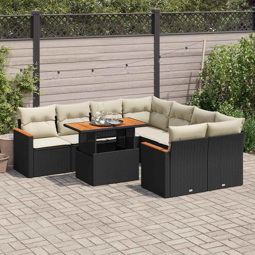 Set Mobilier De Grădină Cu Perne, 9 Piese, Negru, Poliratan