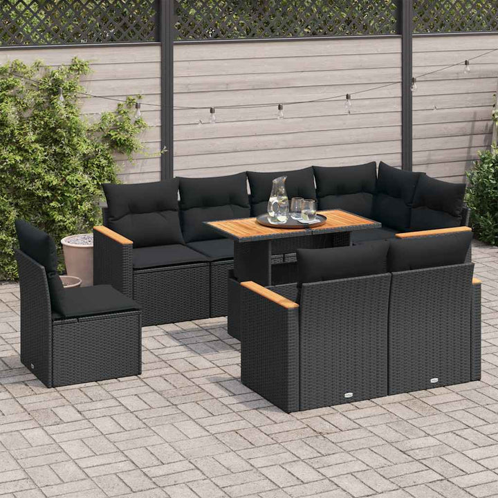 Set Mobilier De Grădină Cu Perne, 9 Piese, Negru, Poliratan