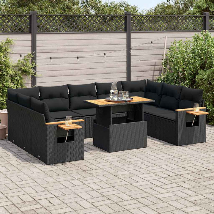 Set Canapele De Grădină Cu Perne, 10 Piese, Negru, Poliratan