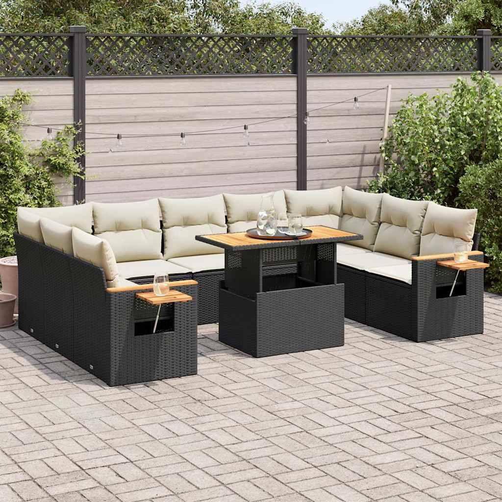 Set Canapele De Grădină Cu Perne, 10 Piese, Negru, Poliratan