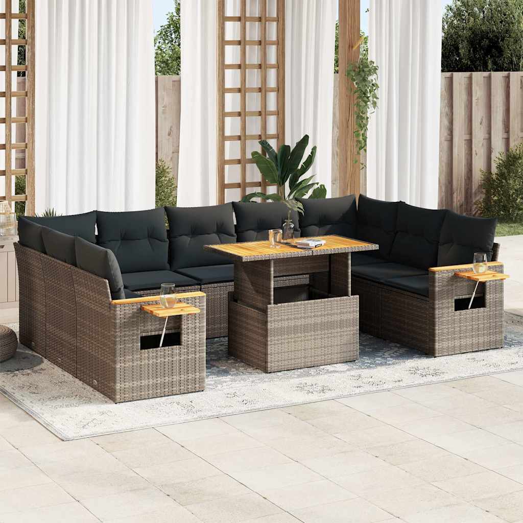 Set Canapele De Grădină Cu Perne, 10 Piese, Negru, Poliratan