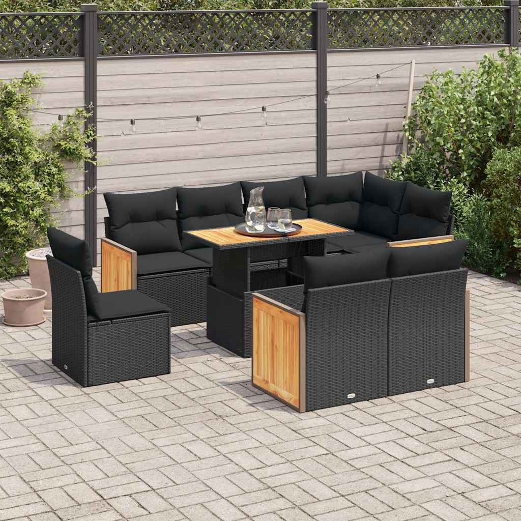 Set Mobilier De Grădină Cu Perne, 9 Piese, Negru, Poliratan