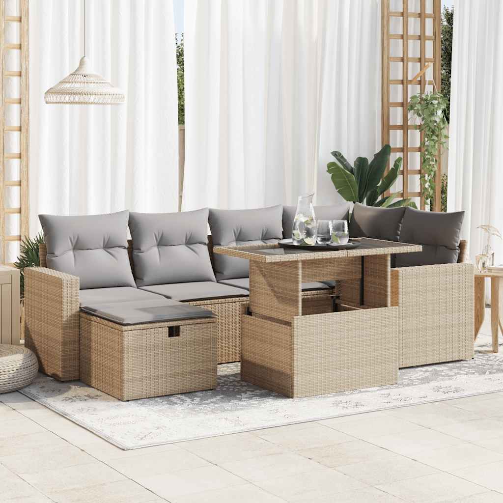 Set Canapele De Grădină, 7 Piese, Cu Perne, Bej, Poliratan