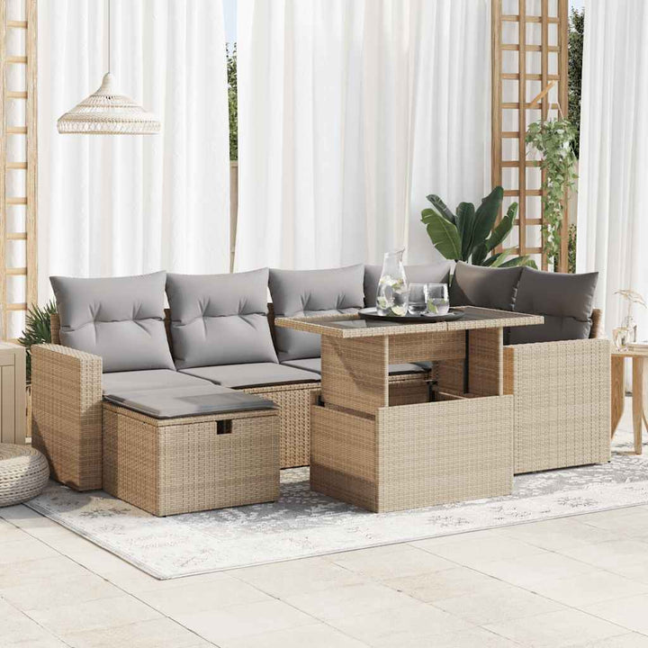 Set Canapele De Grădină, 7 Piese, Cu Perne, Bej, Poliratan