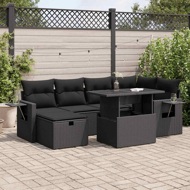 Set Canapele De Grădină Cu Perne, 7 Piese, Negru, Poliratan