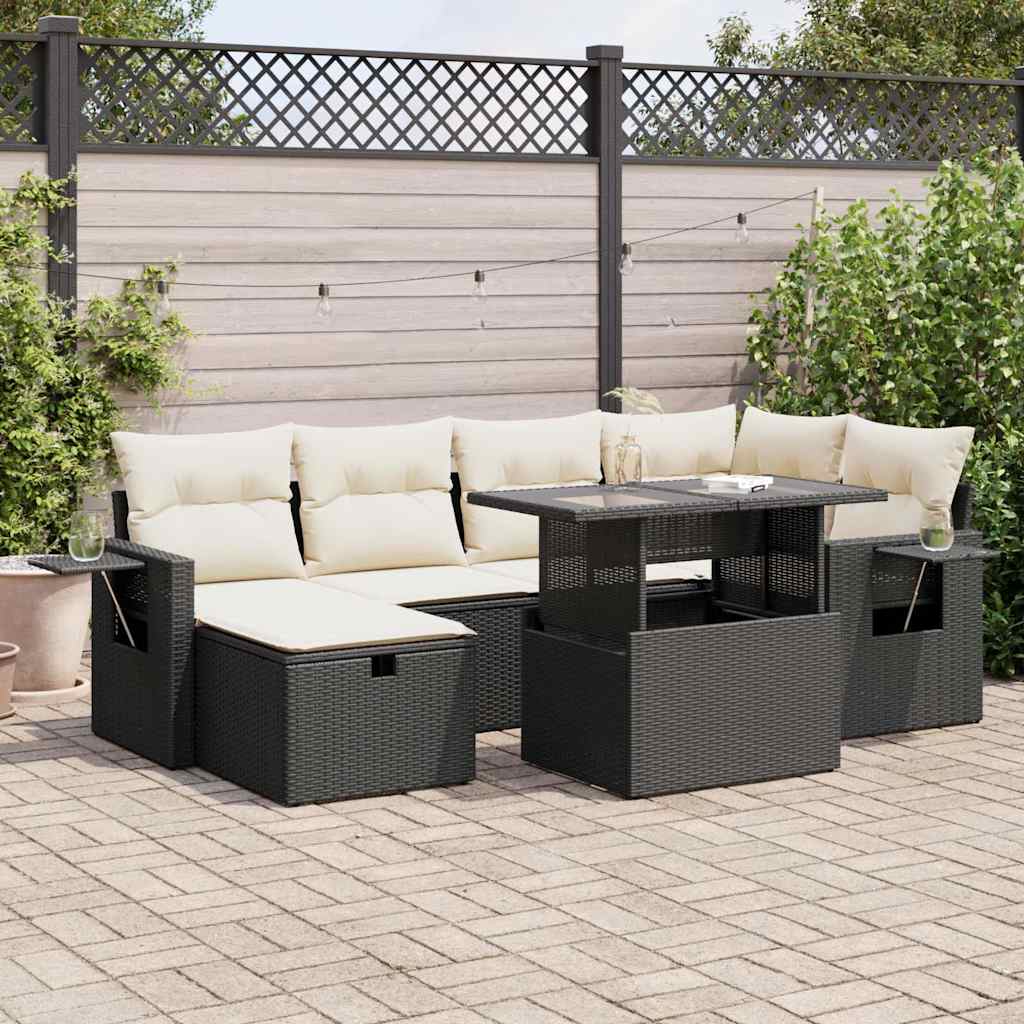 Set Canapele De Grădină Cu Perne, 7 Piese, Negru, Poliratan