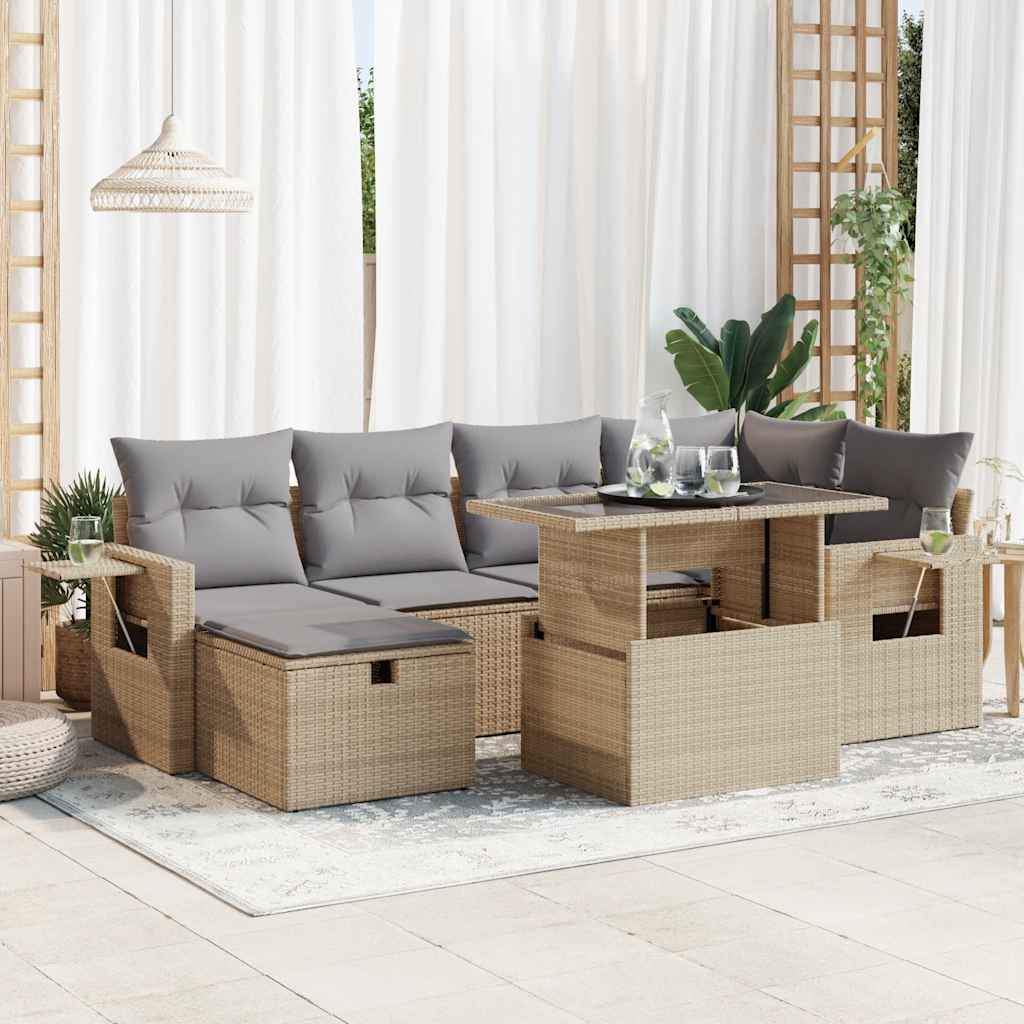 Set Canapele De Grădină Cu Perne, 7 Piese, Negru, Poliratan