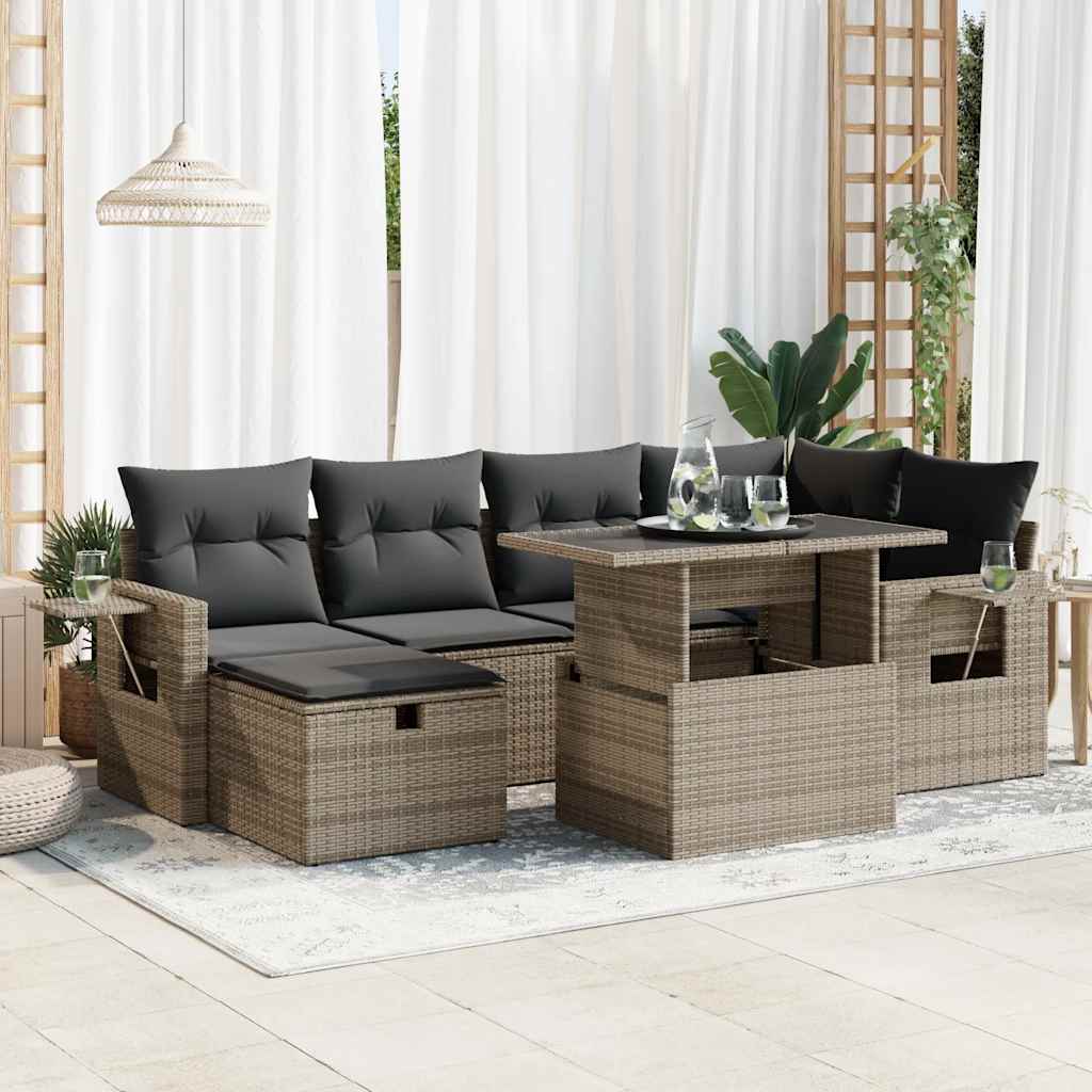 Set Canapele De Grădină Cu Perne, 7 Piese, Negru, Poliratan
