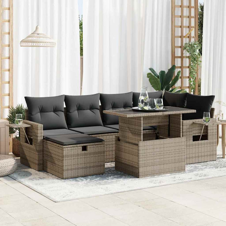 Set Canapele De Grădină Cu Perne, 7 Piese, Negru, Poliratan
