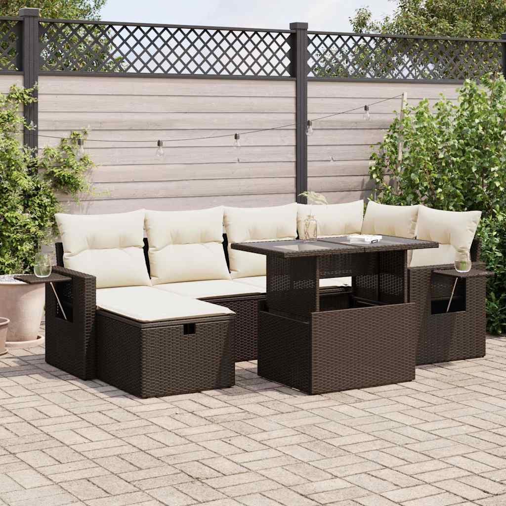 Set Canapele De Grădină Cu Perne, 7 Piese, Negru, Poliratan