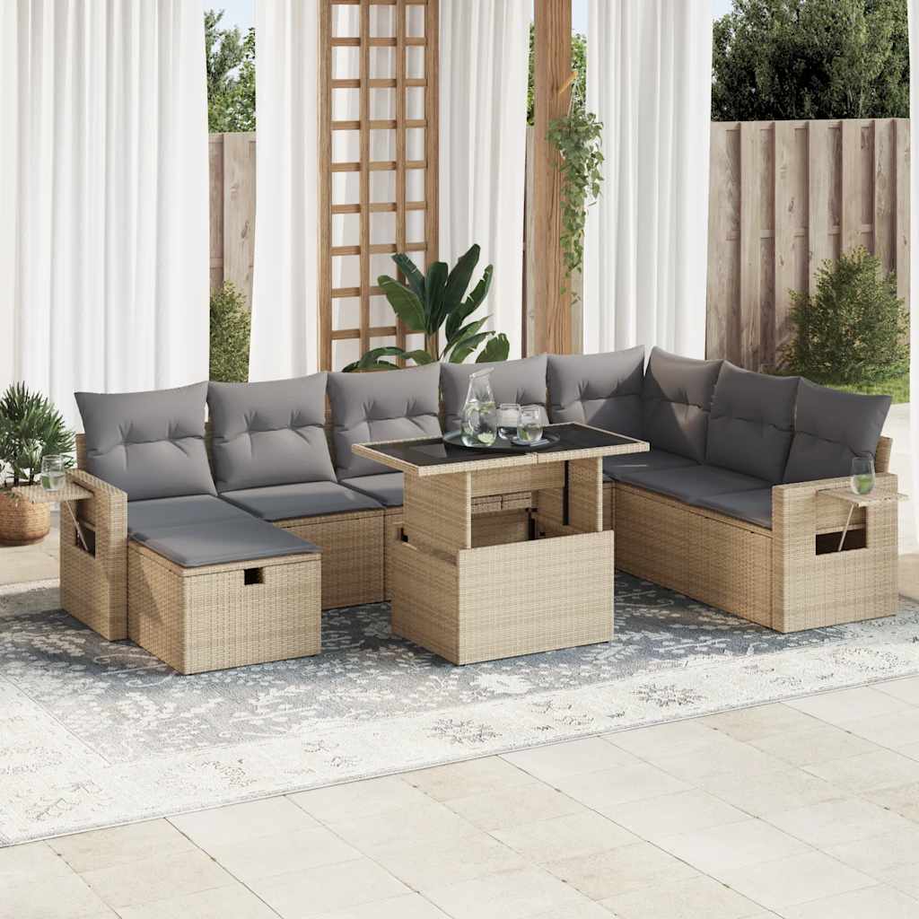 Set Canapele De Grădină, 9 Piese, Cu Perne, Bej, Poliratan