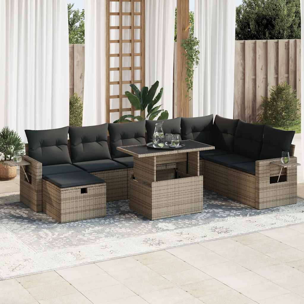Set Canapele De Grădină, 9 Piese, Cu Perne, Bej, Poliratan