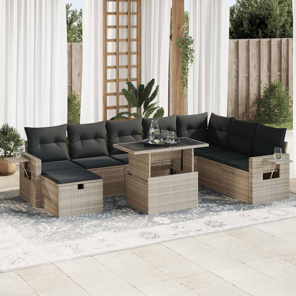 Set Canapele De Grădină, 9 Piese, Cu Perne, Bej, Poliratan