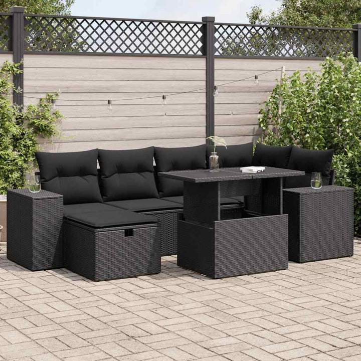 Set Canapele De Grădină Cu Perne, 7 Piese, Negru, Poliratan