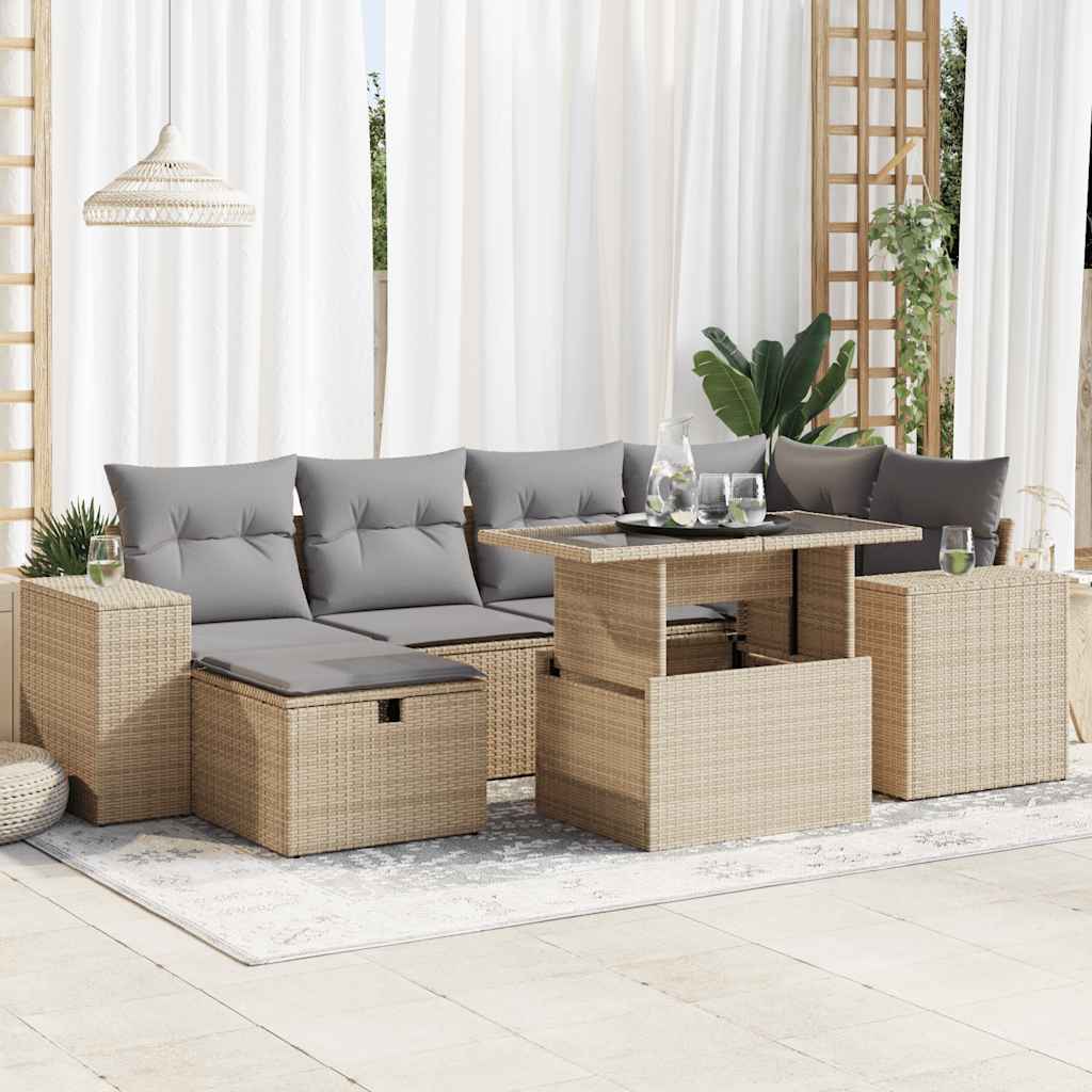 Set Canapele De Grădină Cu Perne, 7 Piese, Negru, Poliratan