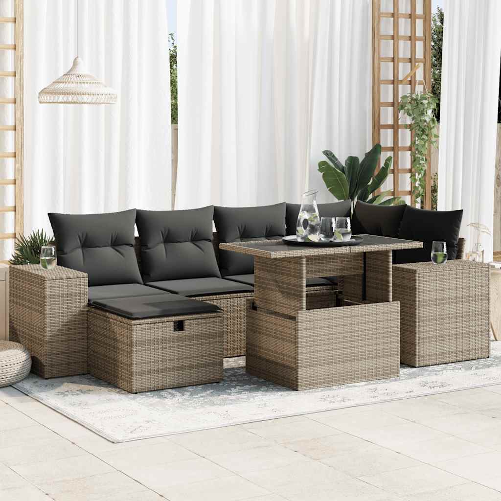Set Canapele De Grădină Cu Perne, 7 Piese, Negru, Poliratan