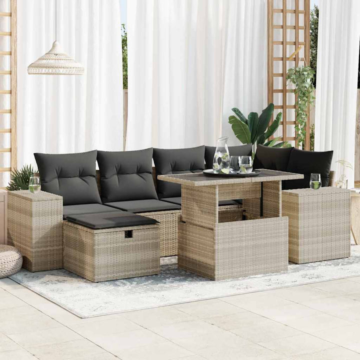 Set Canapele De Grădină Cu Perne, 7 Piese, Negru, Poliratan