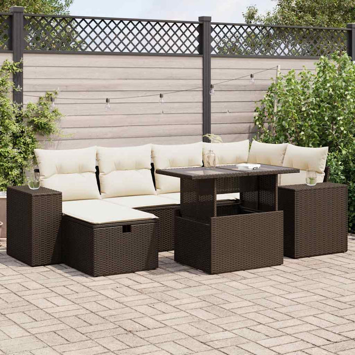 Set Canapele De Grădină Cu Perne, 7 Piese, Negru, Poliratan
