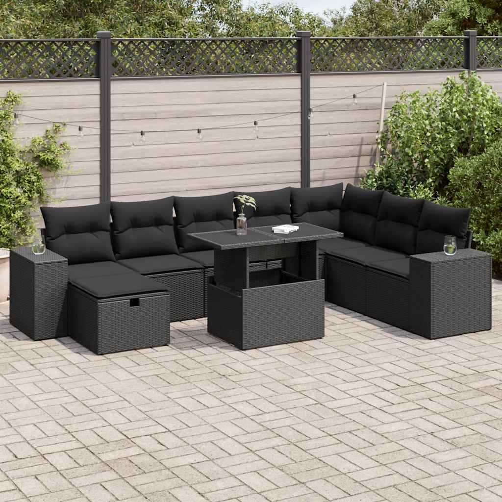 Set Mobilier De Grădină Cu Perne, 9 Piese, Negru, Poliratan