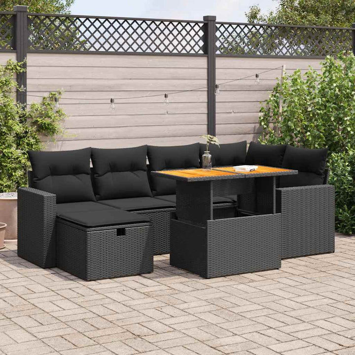 Set Canapele De Grădină Cu Perne, 7 Piese, Negru, Poliratan
