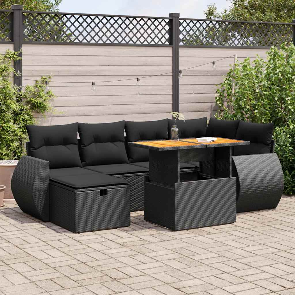 Set Canapele De Grădină Cu Perne, 7 Piese, Negru, Poliratan