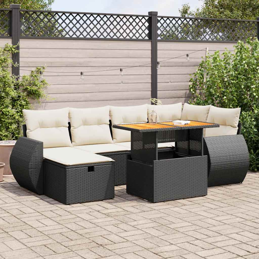 Set Canapele De Grădină Cu Perne, 7 Piese, Negru, Poliratan