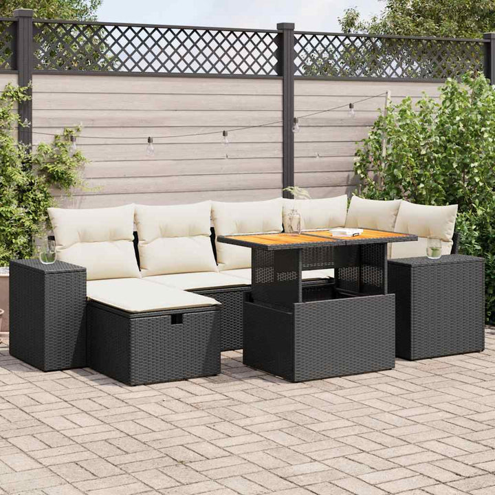 Set Canapele De Grădină Cu Perne, 7 Piese, Negru, Poliratan