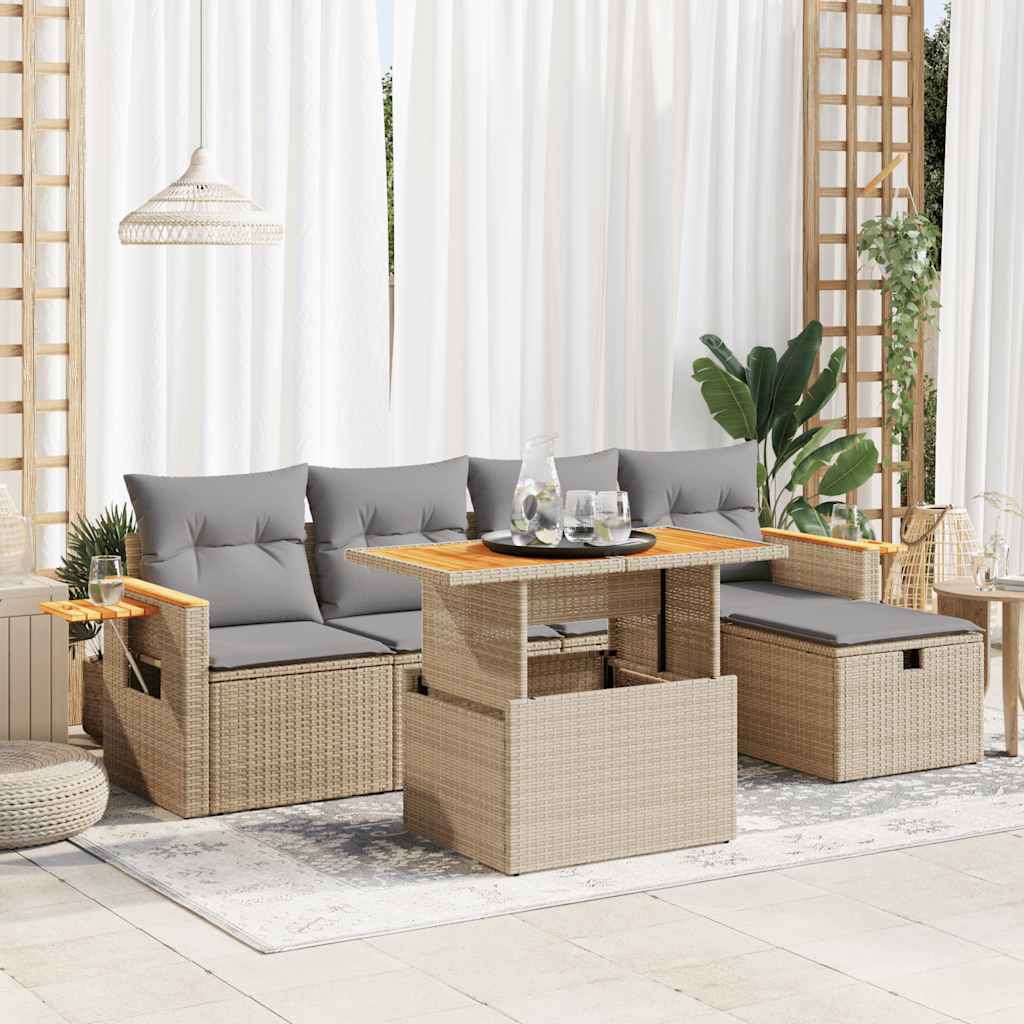 Set Canapele De Grădină Cu Perne, 6 Piese, Bej, Poliratan